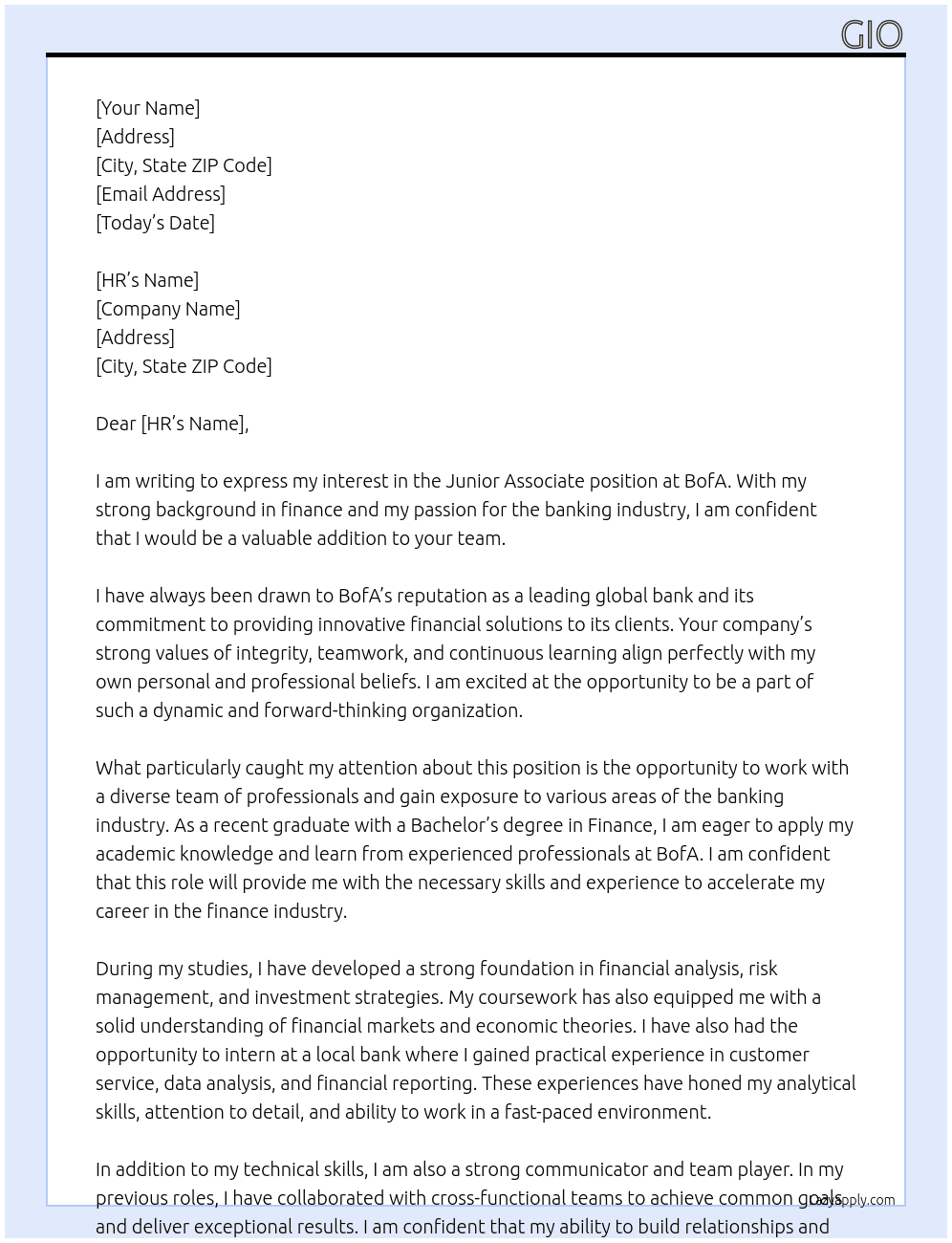 Junior associate At BofA Cover Letter