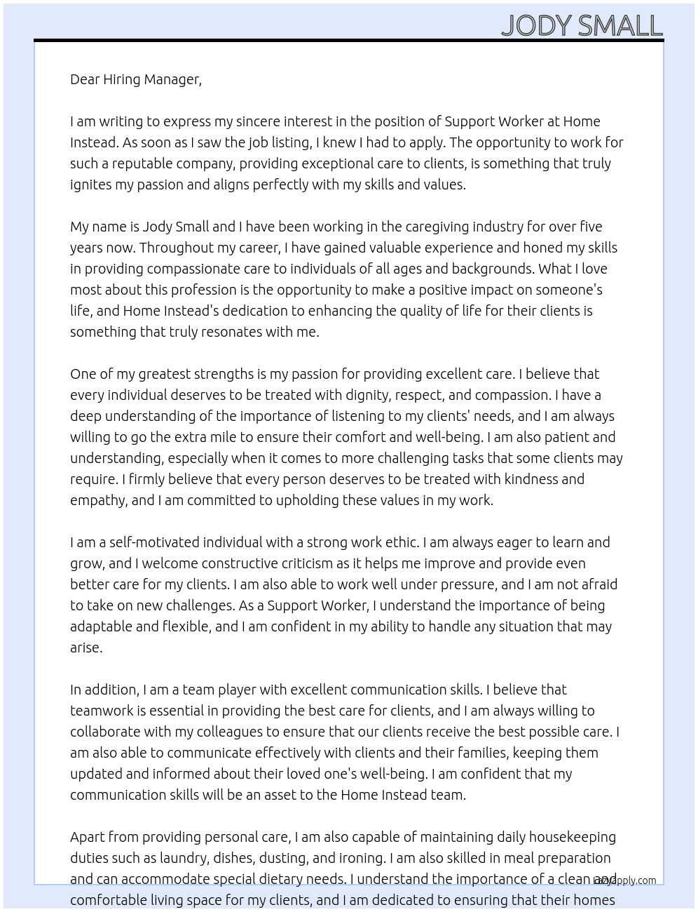 Support worker  At Home instead  Cover Letter