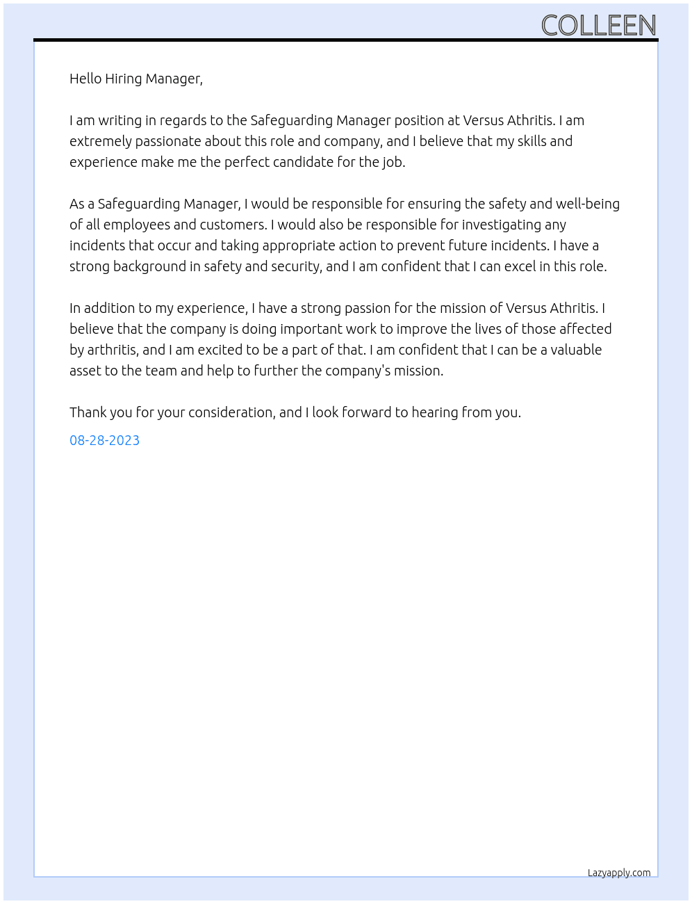 Safeguarding Manager At Versus Athritis Cover Letter