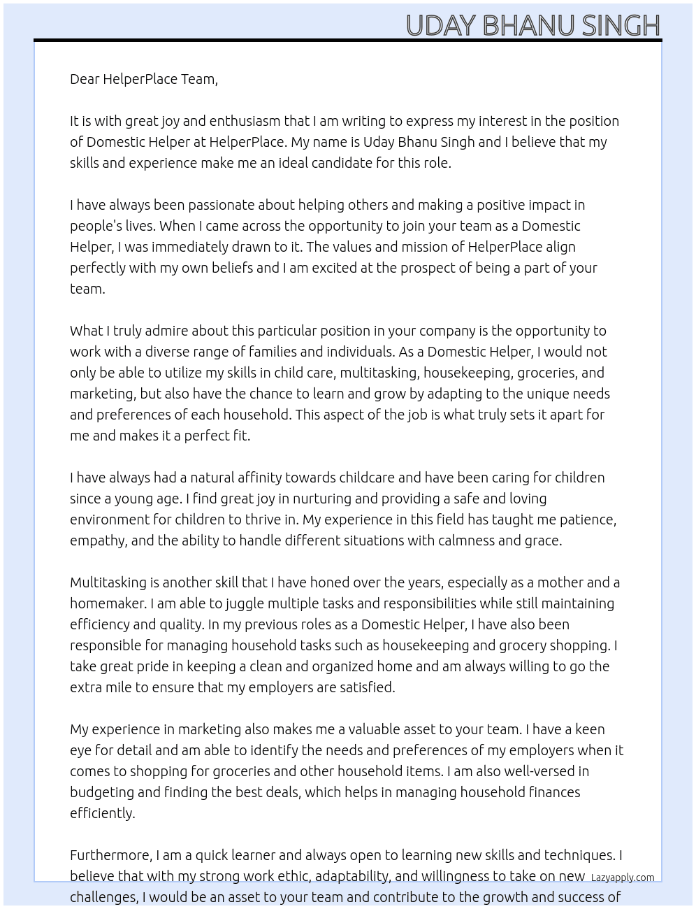 Domestic Helpers At HelperPlace Cover Letter