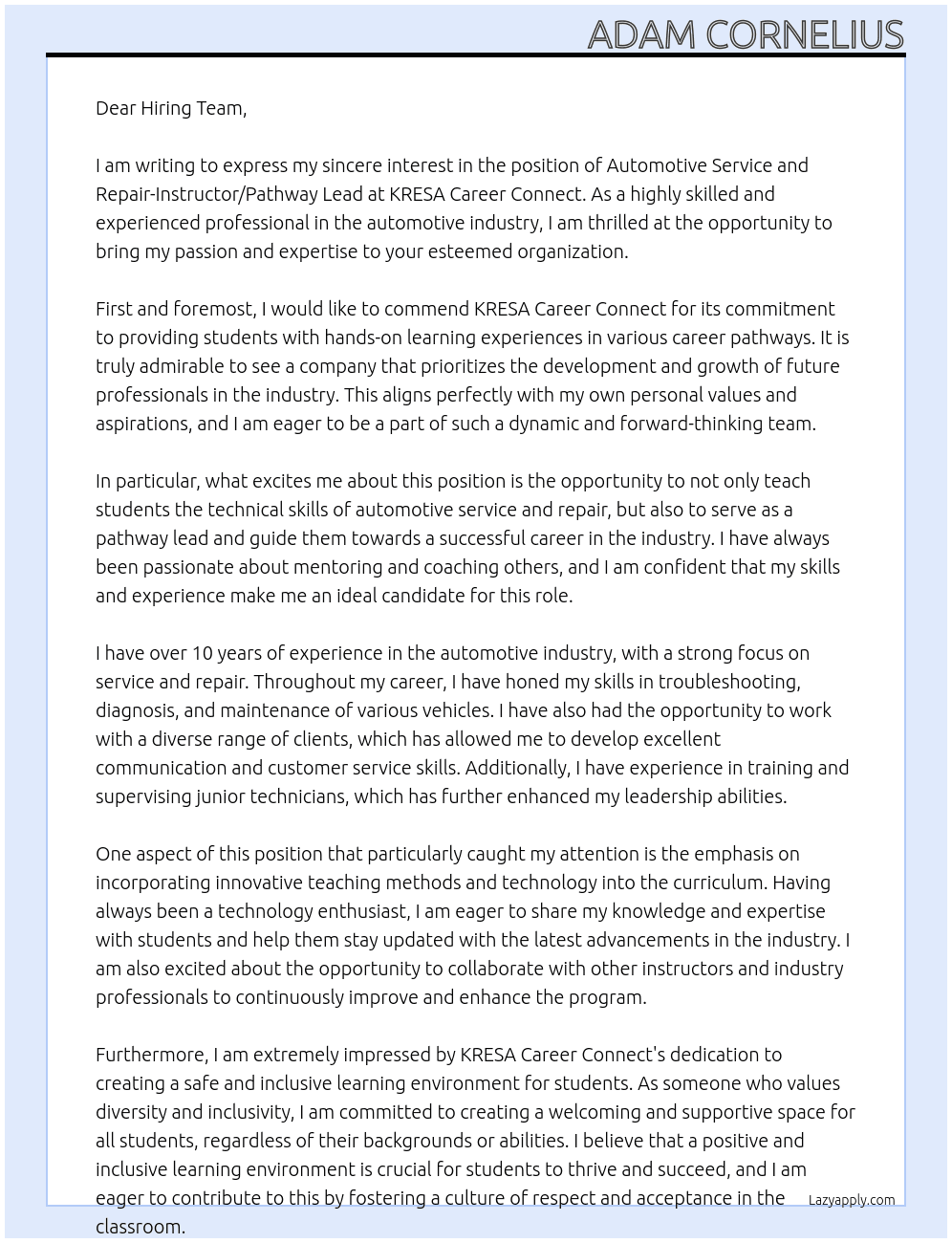 Automotive Service and Repair-Instructor/Pathway Lead At KRESA Career Connect Cover Letter