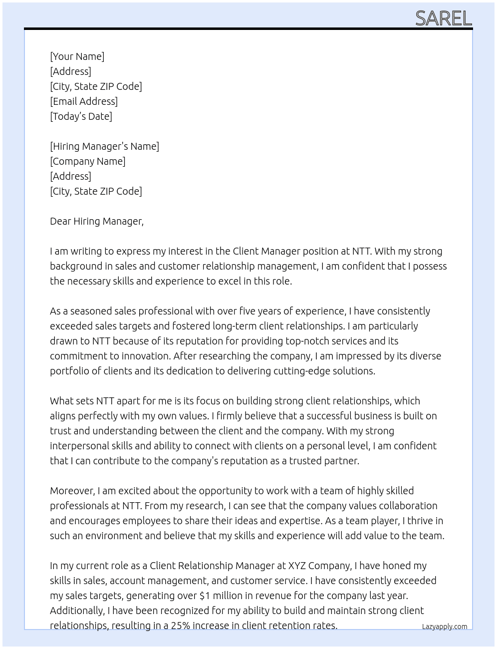 Client Manager At NTT Cover Letter
