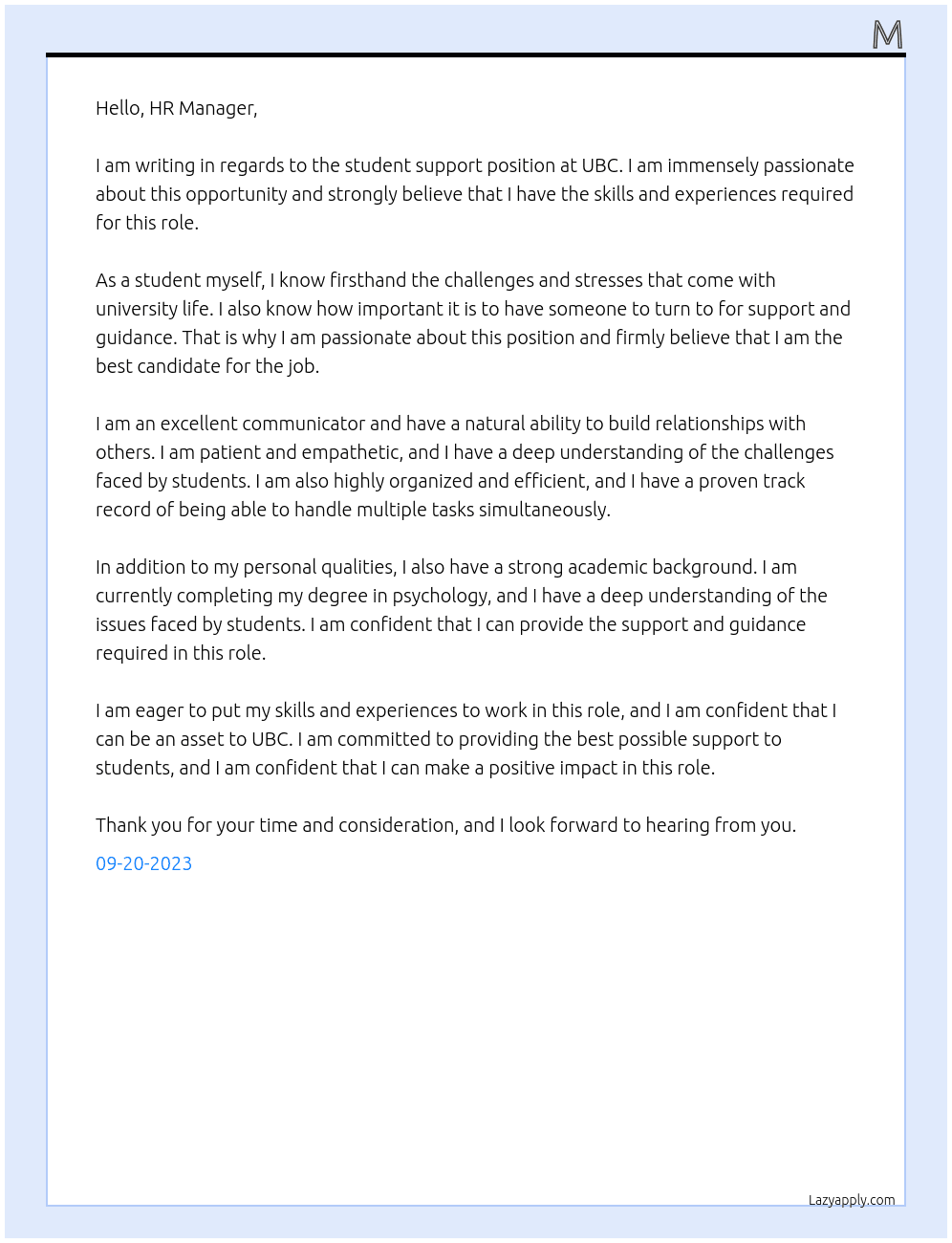 student support At UBC Cover Letter