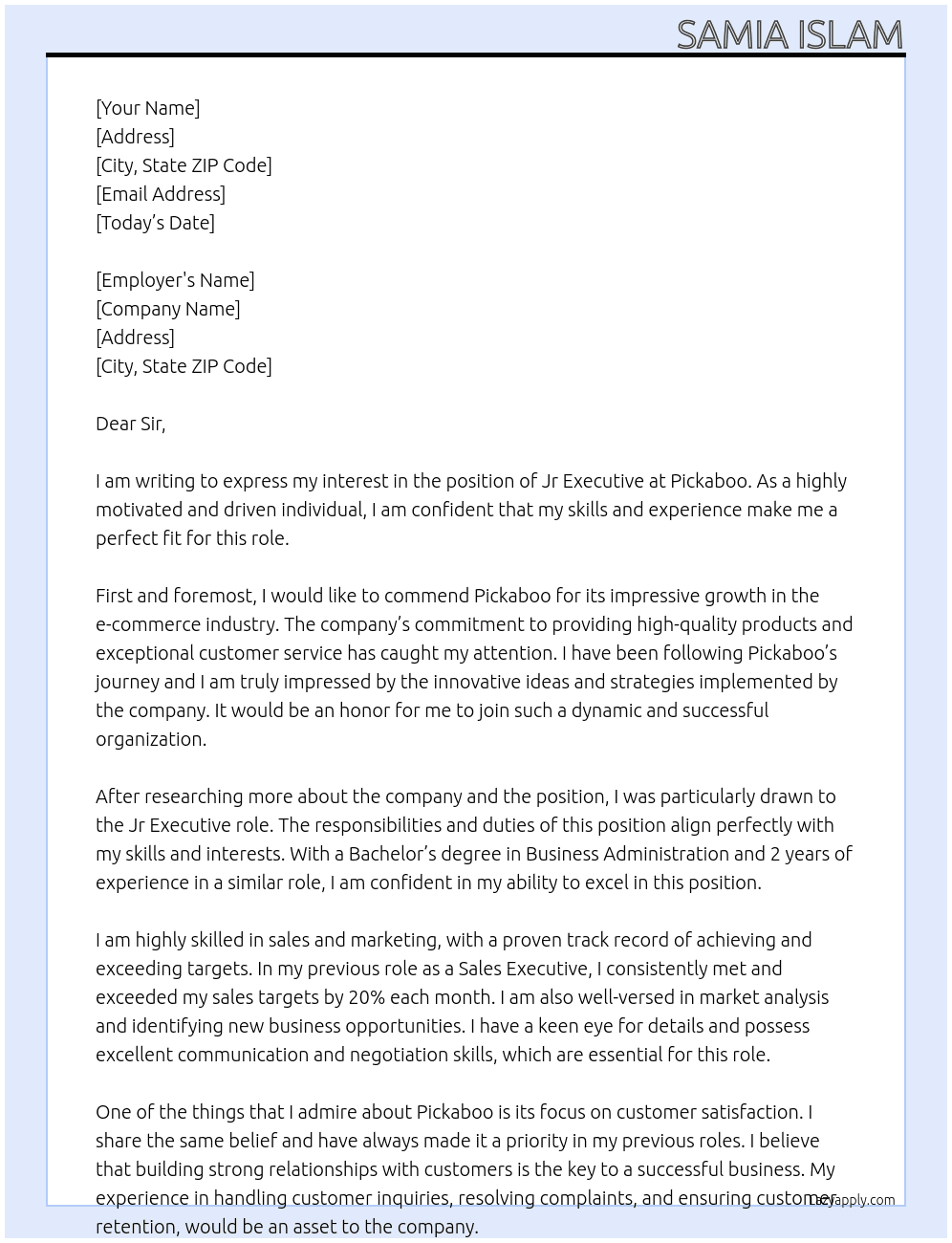 Jr Executive At Pickaboo Cover Letter