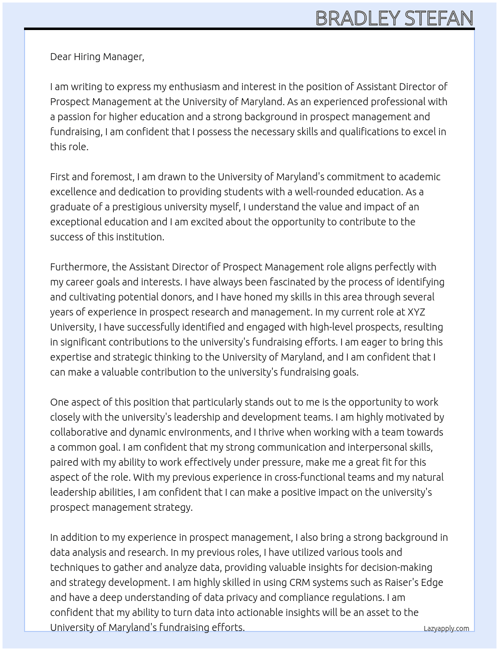 Assistant Director, Prospect Management At University of Maryland Cover Letter
