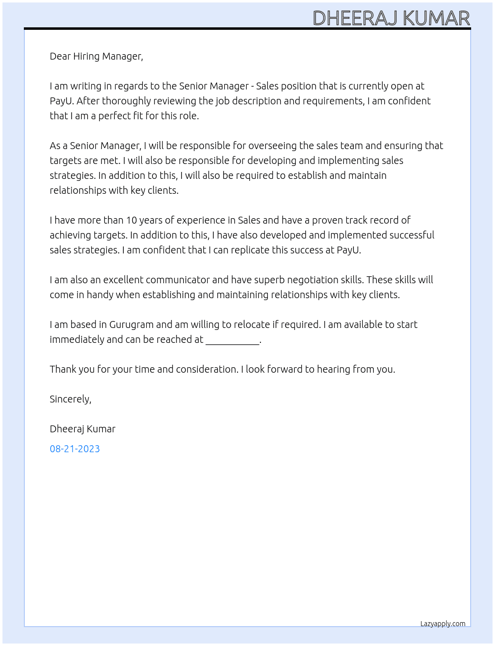 Senior Manager - Sales  At PayU Cover Letter