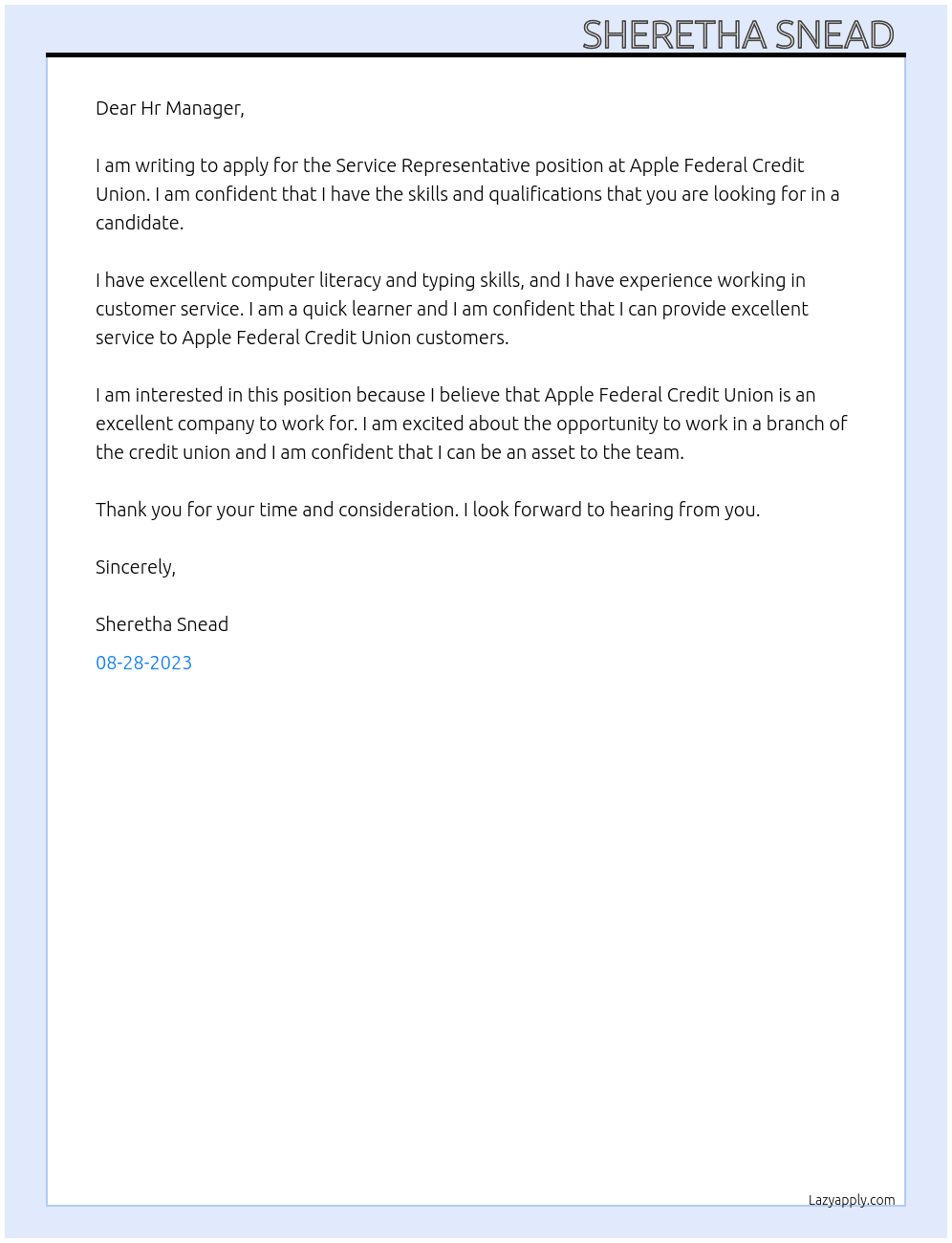 Service representative  At Apple federal credit union  Cover Letter