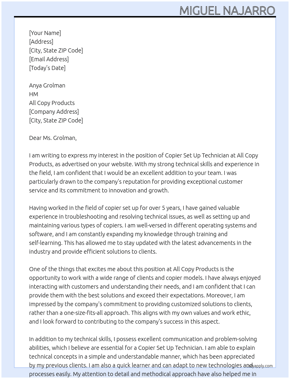 Copier Set Up Technician At  All Copy Products Cover Letter
