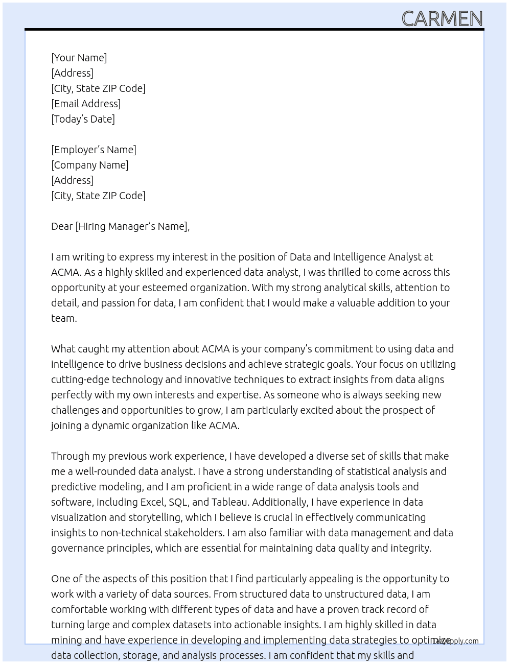 data and intelligence analyst At acma Cover Letter