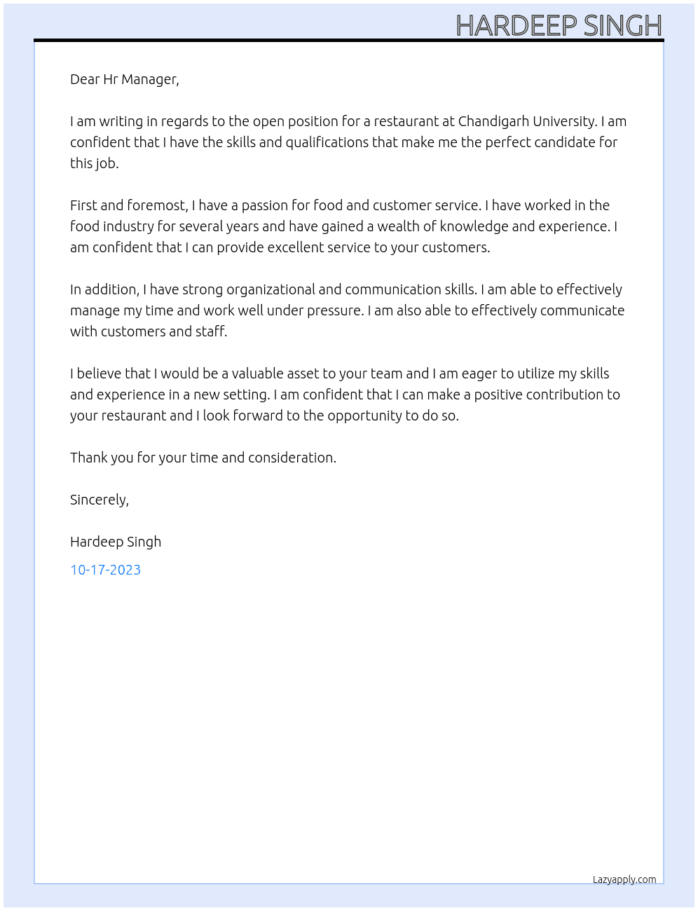 Restaurant  At Chandigarh University  Cover Letter