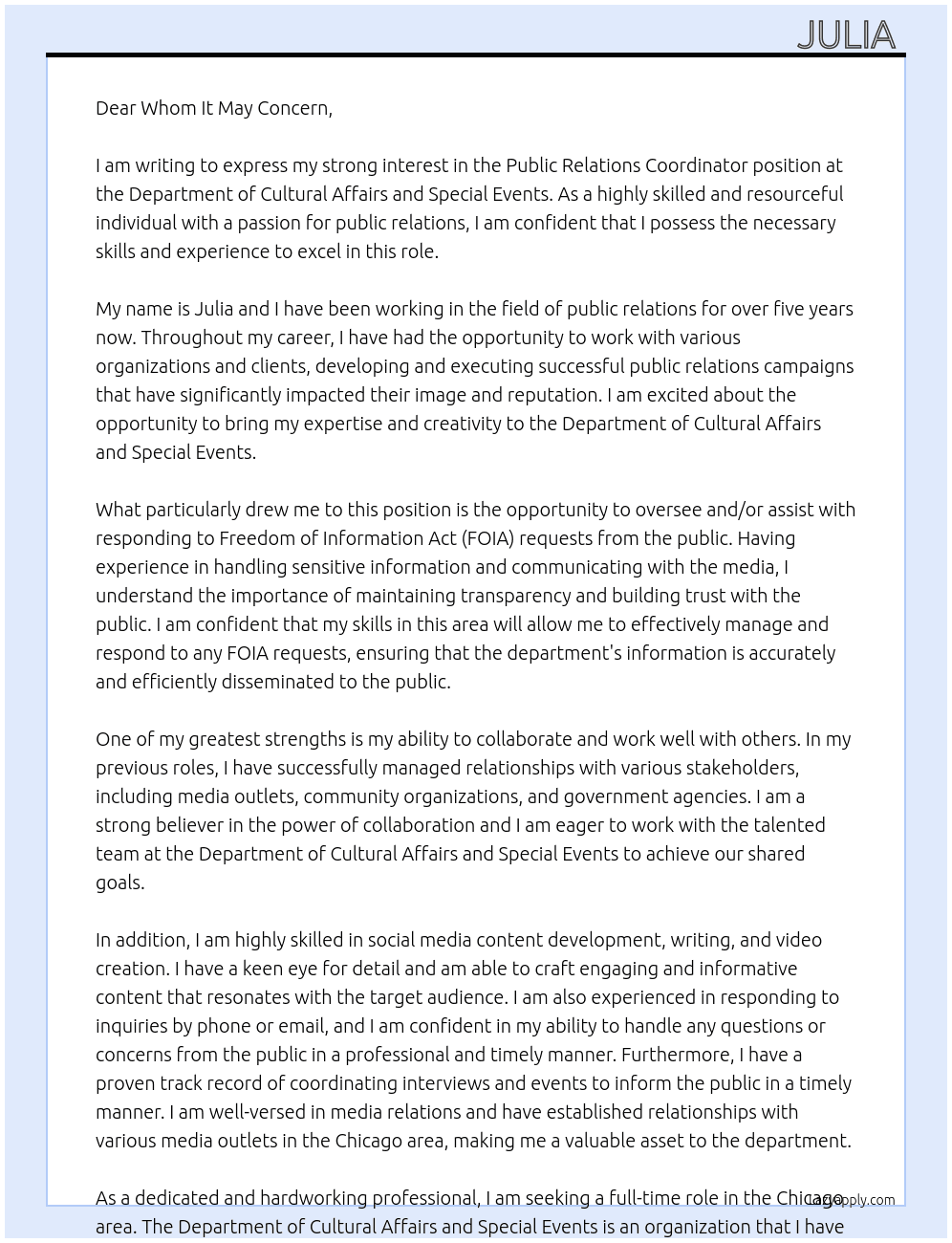Cover letter for public relations coordinator - LazyApply