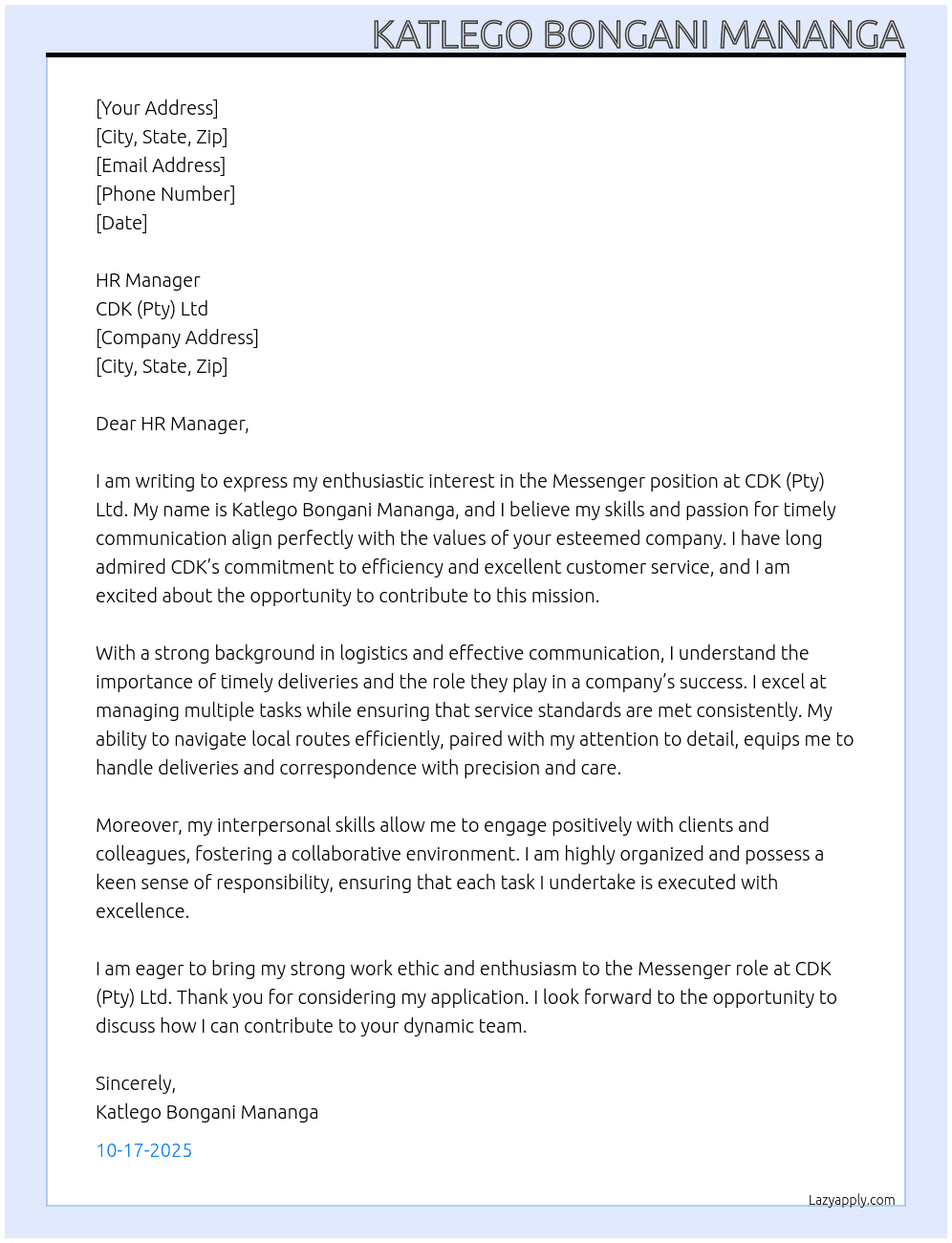 Cover letter for messenger - LazyApply