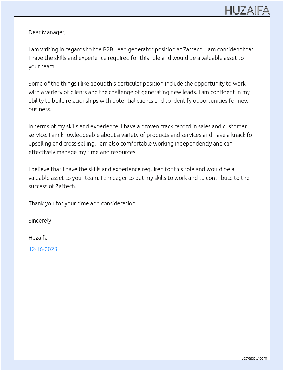 B2B Lead generator At Zaftech Cover Letter