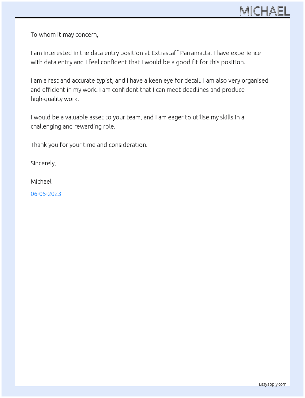 Data Entry At Extrastaff Parramatta  Cover Letter