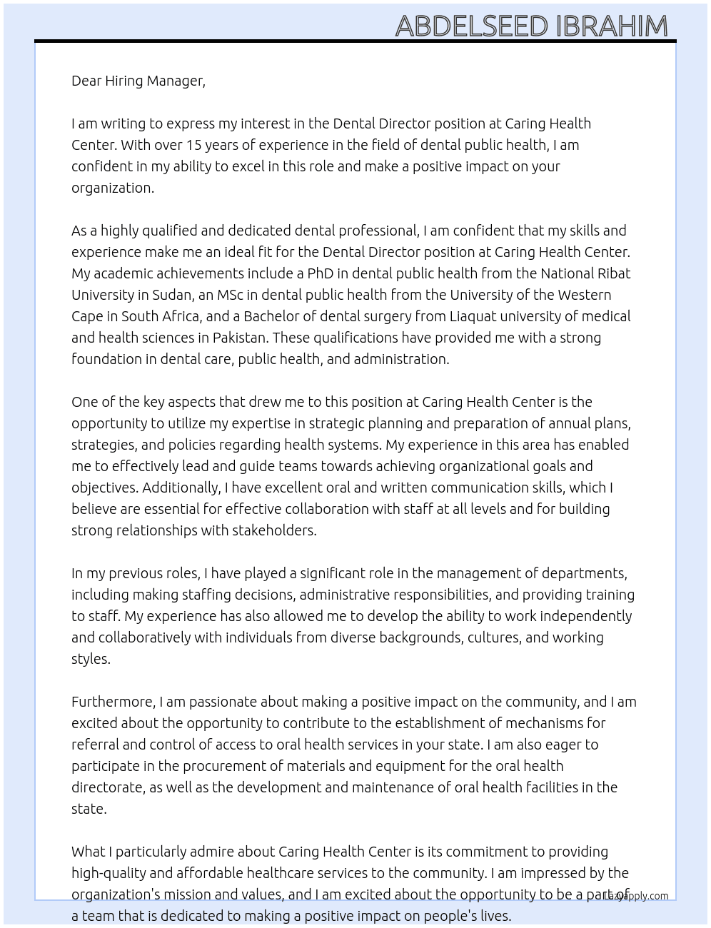 Dental Director  At Caring Health Center  Cover Letter