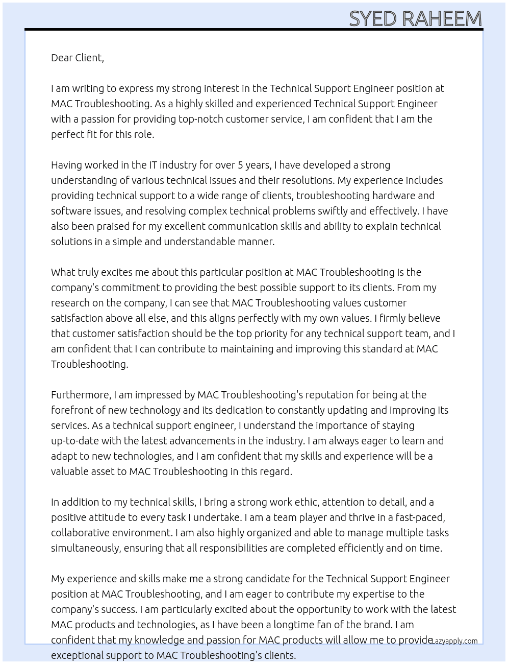 Technical support engineer  At MAC Troubleshooting  Cover Letter