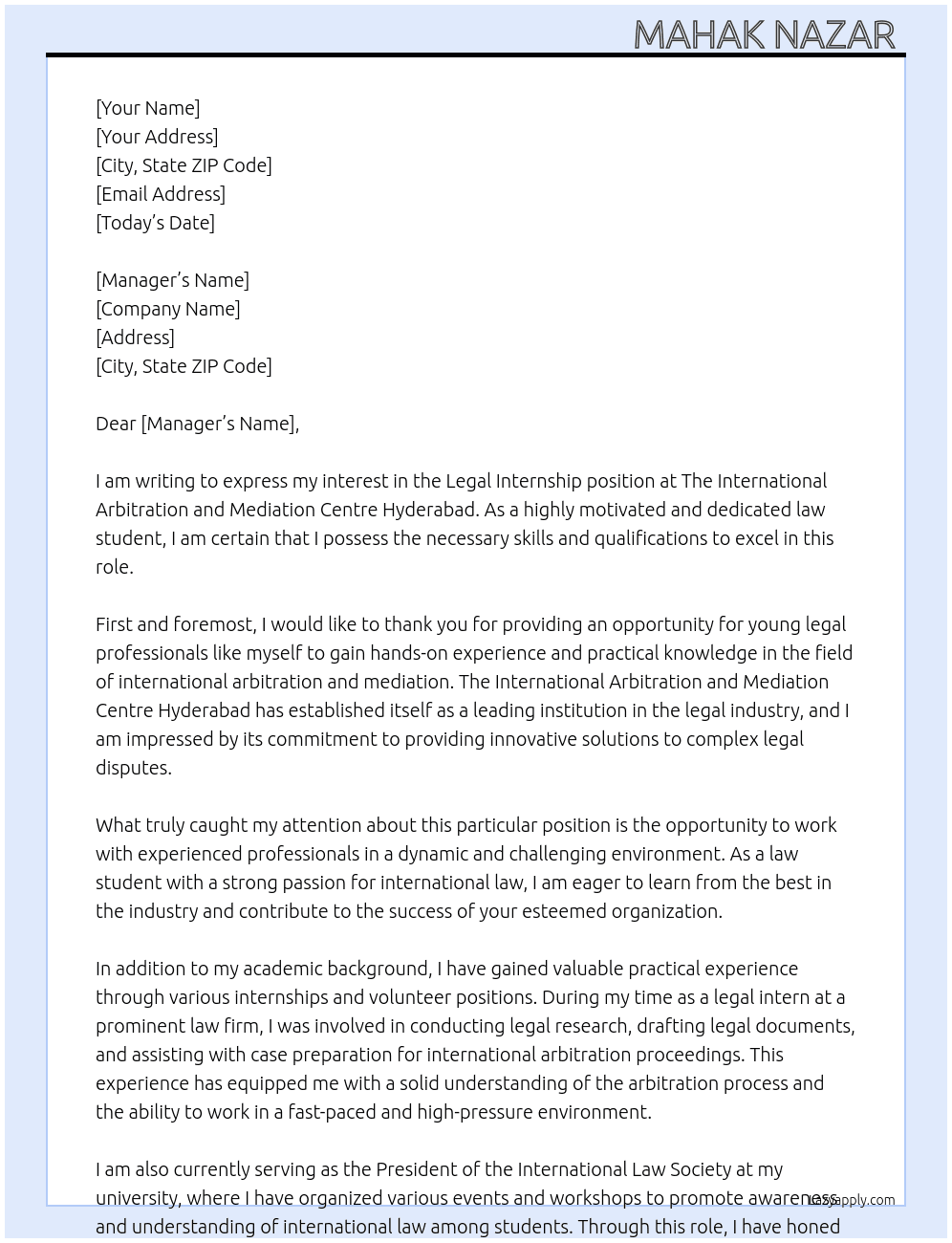 Legal internship  At The International Arbitration and Mediation Centre Hyderabad  Cover Letter