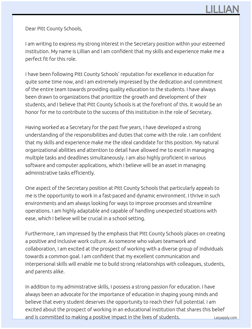 Secretary At Pitt County Schools Cover Letter
