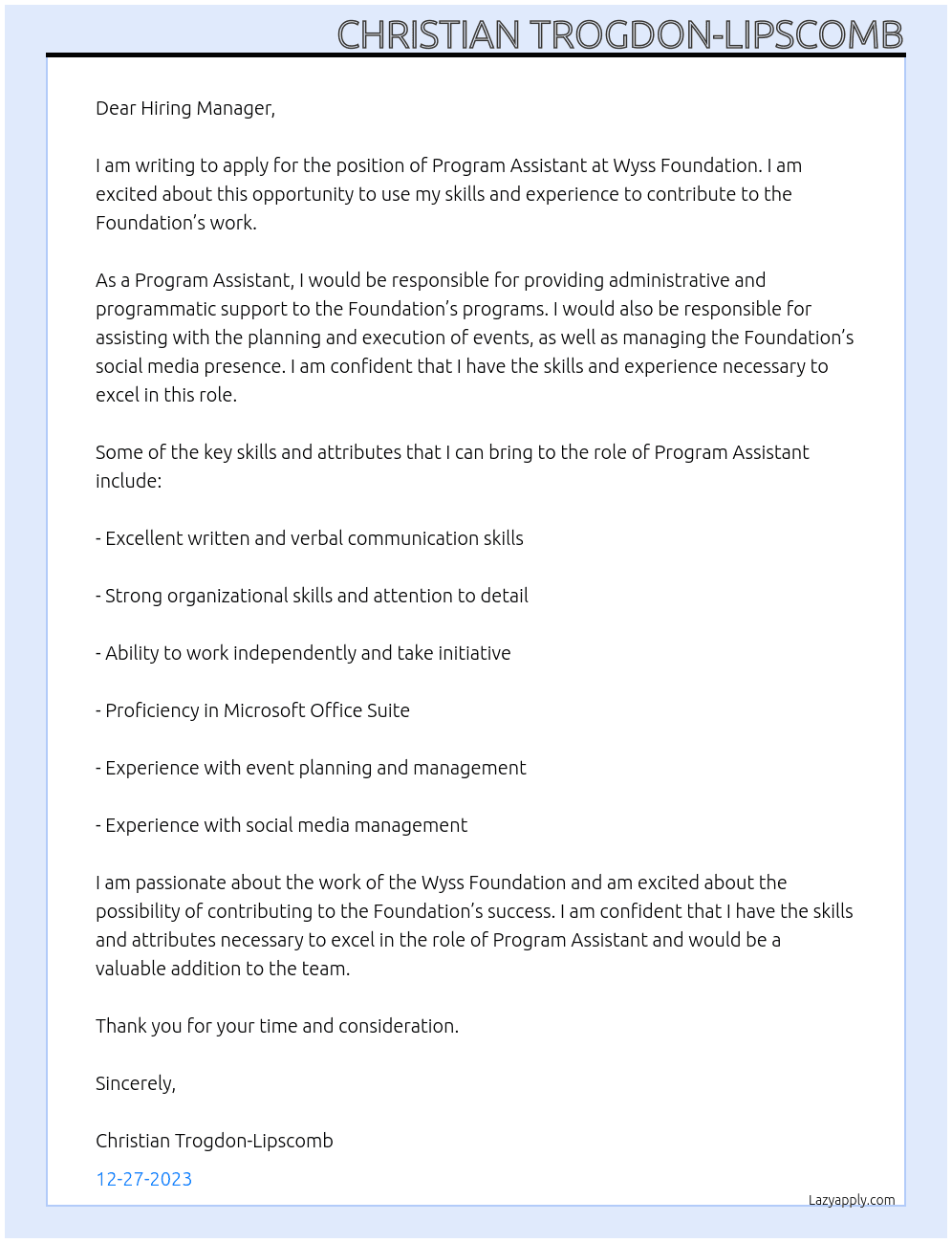 Program Assistant At Wyss Foundation Cover Letter