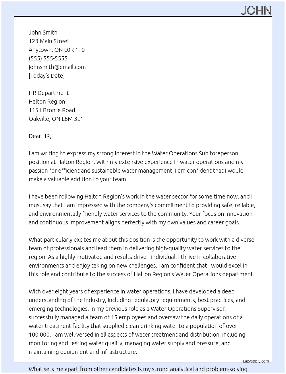 Water Operations Sub foreperson At Halton Region Cover Letter