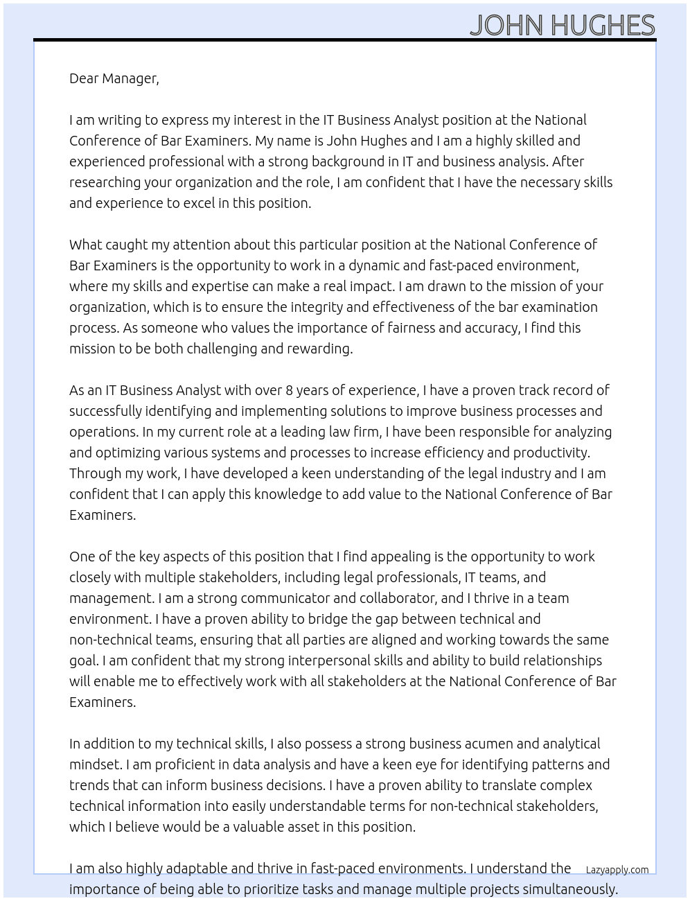 IT Business Analyst At National Conference of Bar Examiners Cover Letter