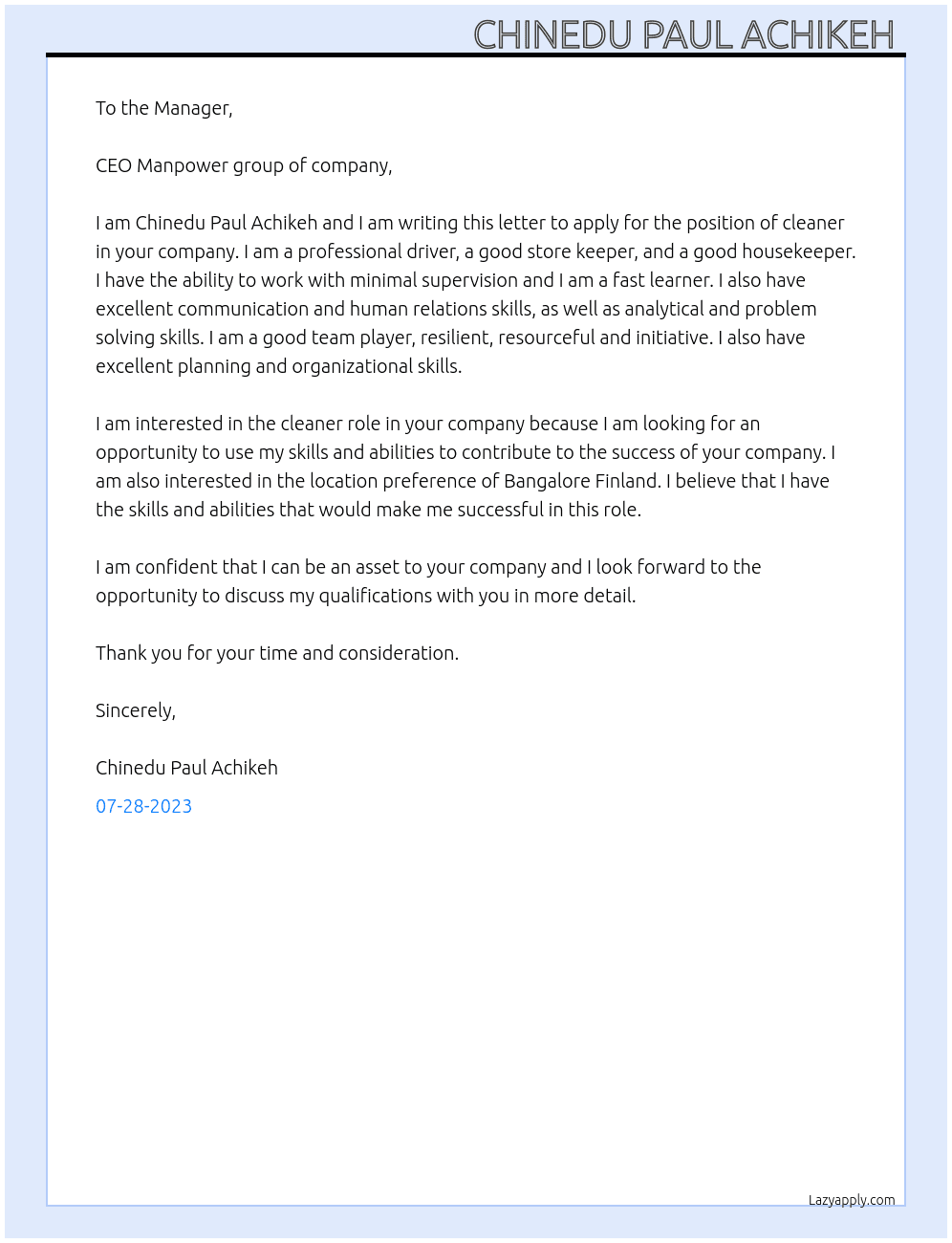 cleaner At Manpower group of company Cover Letter