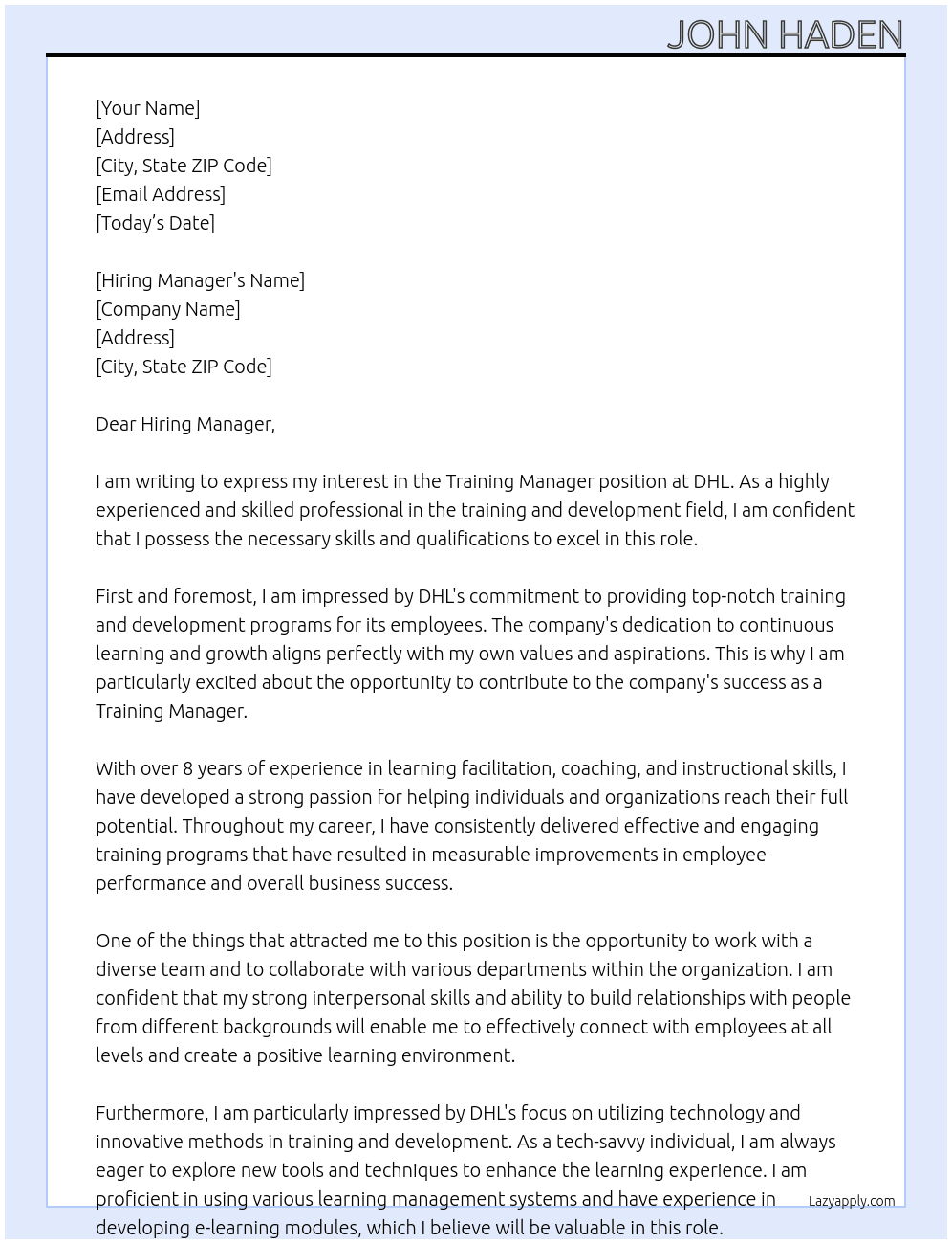 Training Manager At DHL Cover Letter