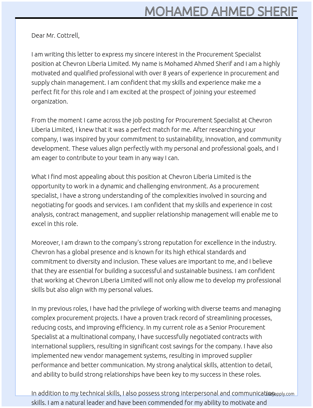 Procurement Specialist At Chevron Liberia Limoted Cover Letter