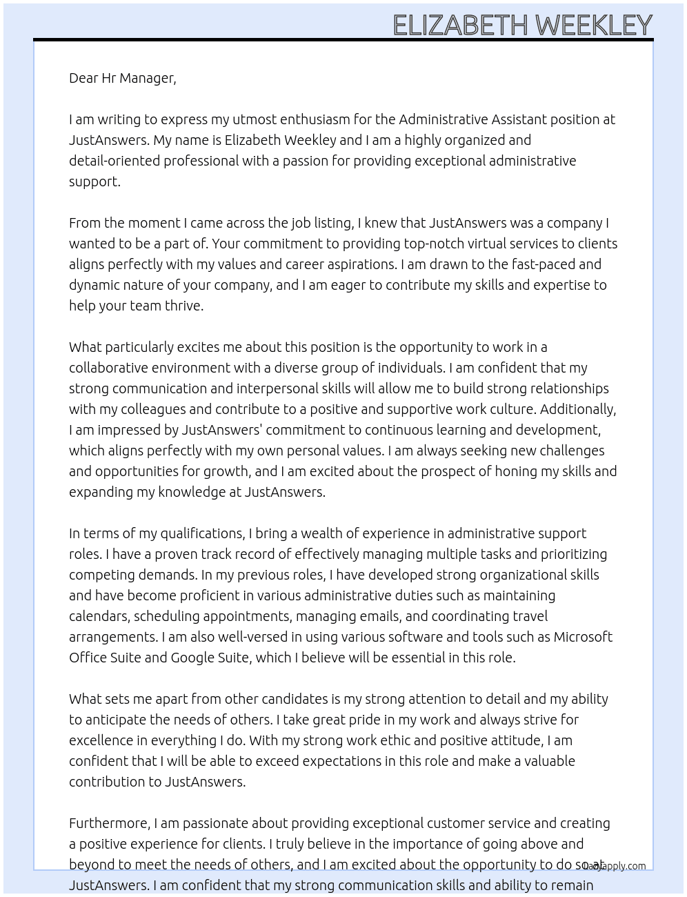 Administrative Assitsant At JustAnswers Cover Letter