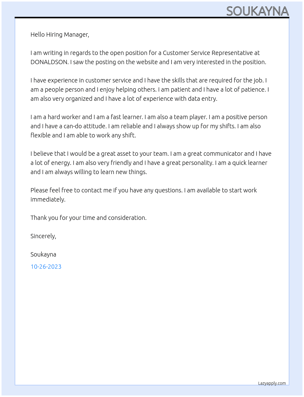 Customer Service At DONALDSON Cover Letter