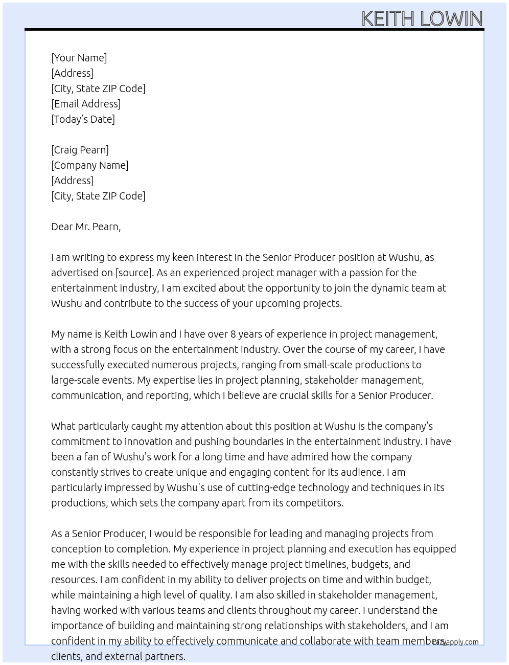 Senior producer At Wushu Cover Letter