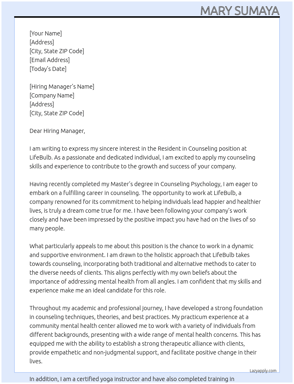 Resident in Counseling At LifeBulb Cover Letter