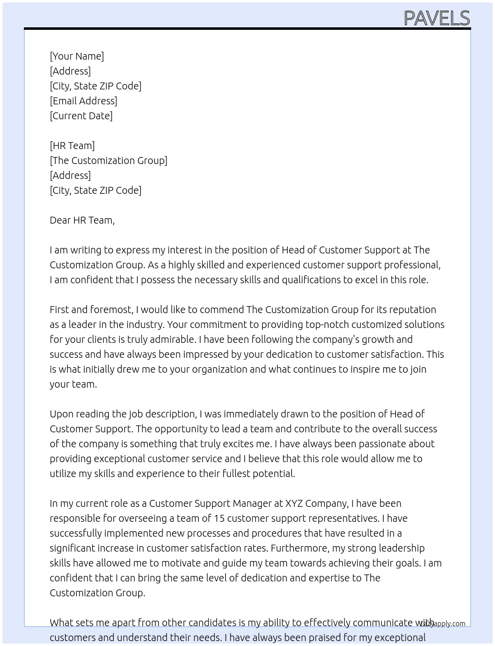 Head of Customer Support At The Customization Group Cover Letter