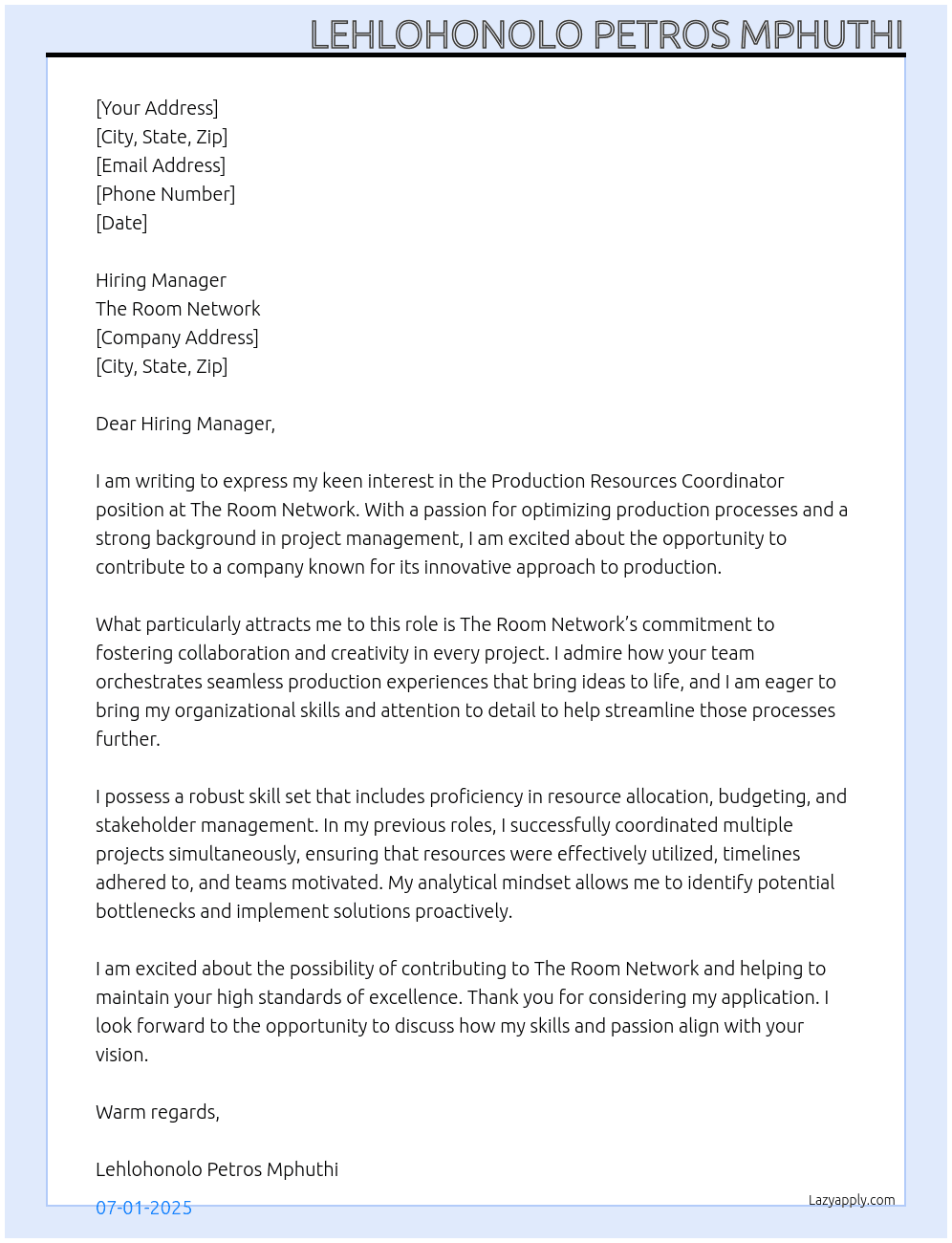 Cover letter for production resources coordinator - LazyApply