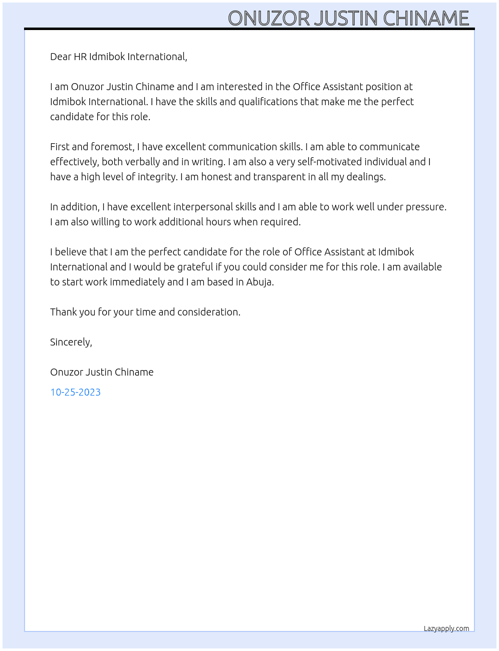 Office Assistant  At Idmibok International  Cover Letter