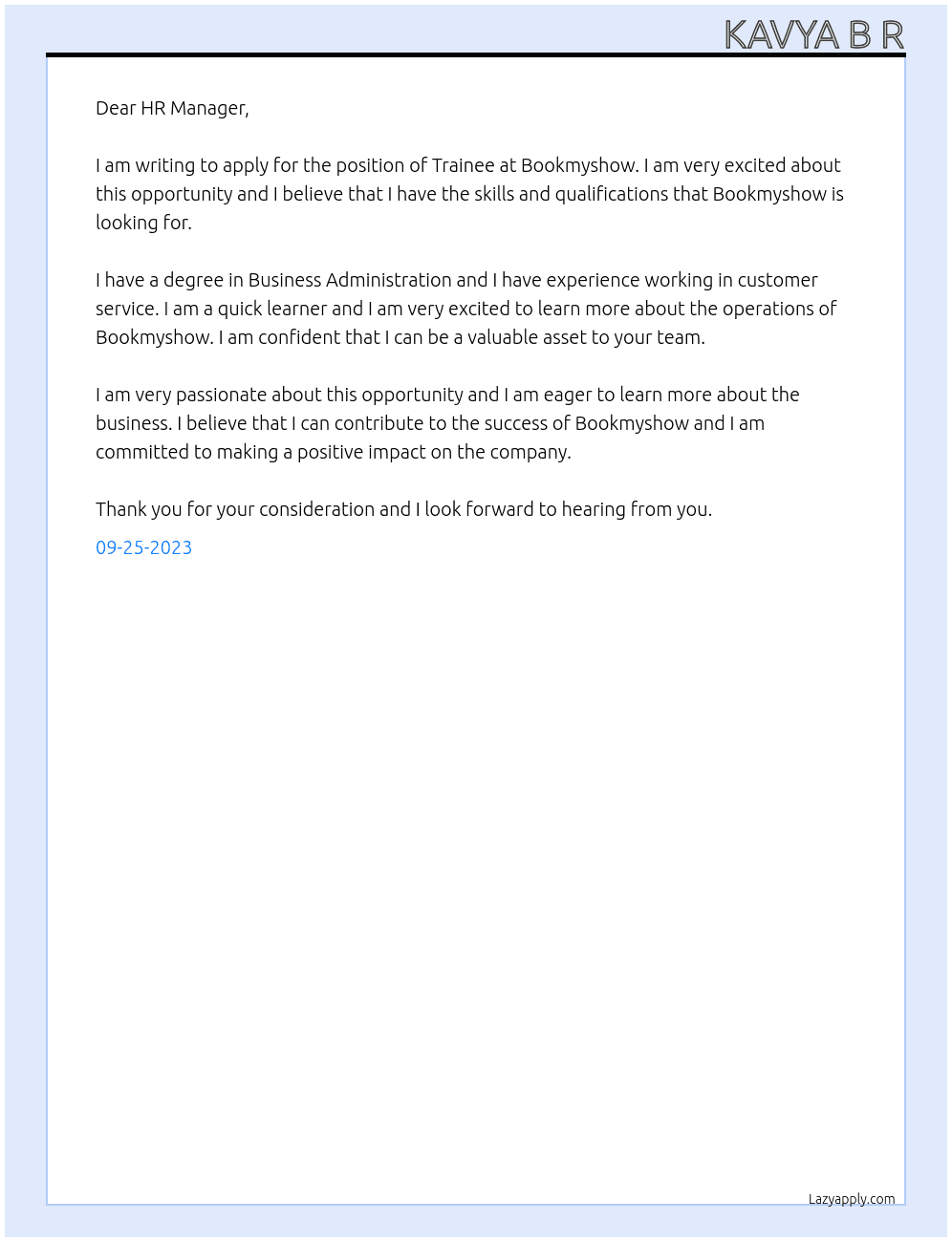 Trainee At Bookmyshow Cover Letter