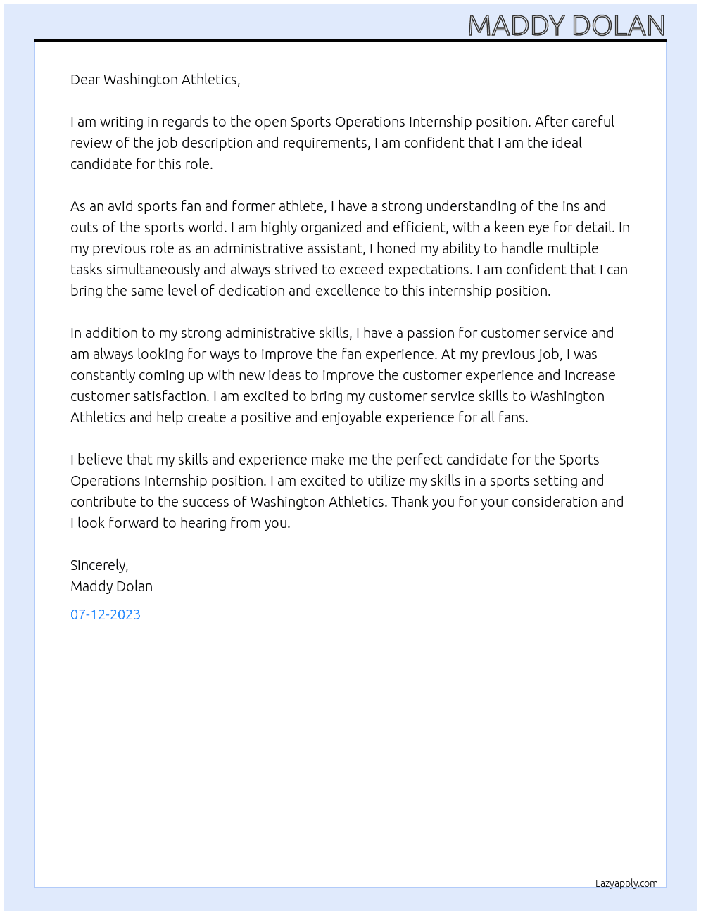 Sports Operations Internship At Washington Athletics  Cover Letter