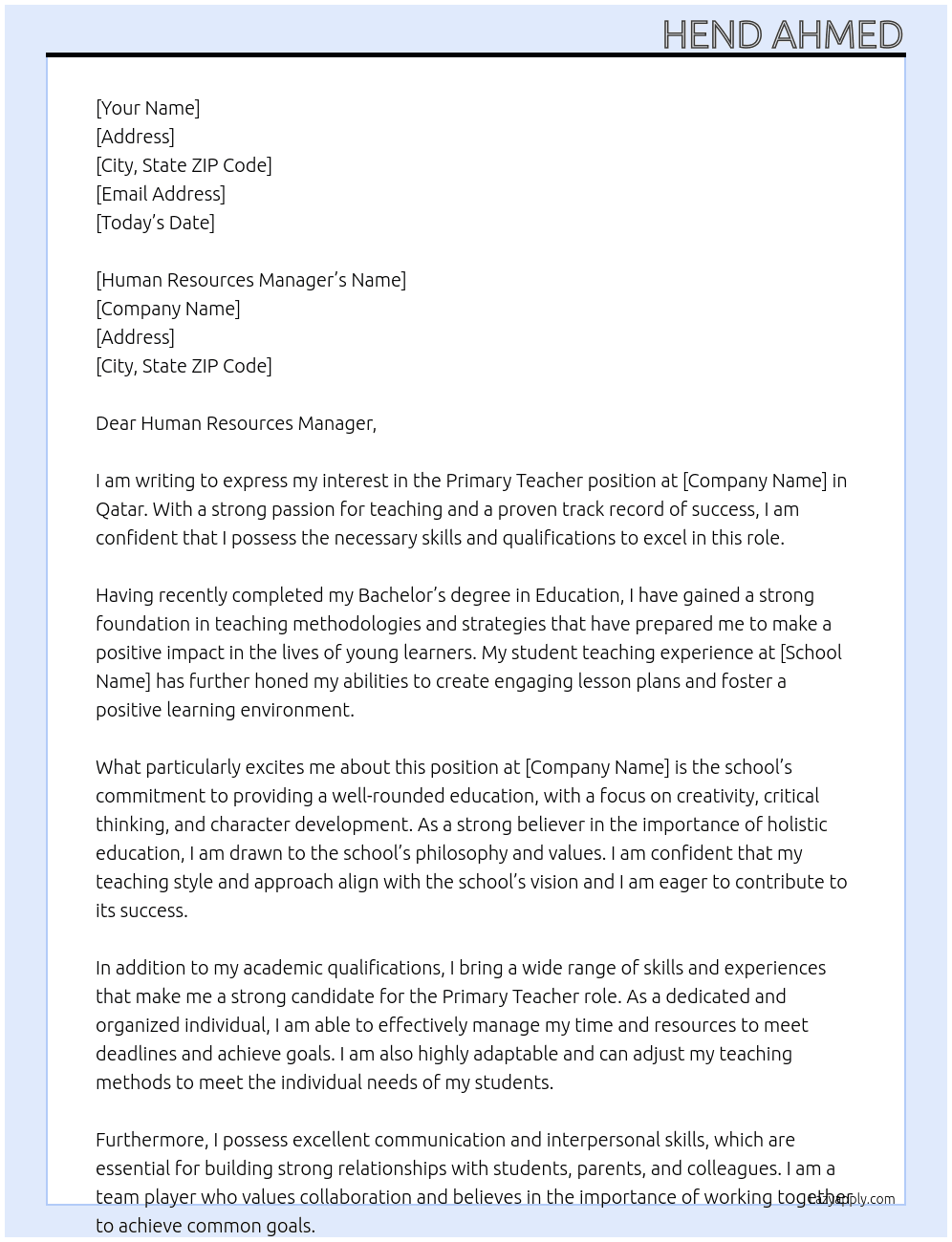 Teacher At Primary teacher Cover Letter