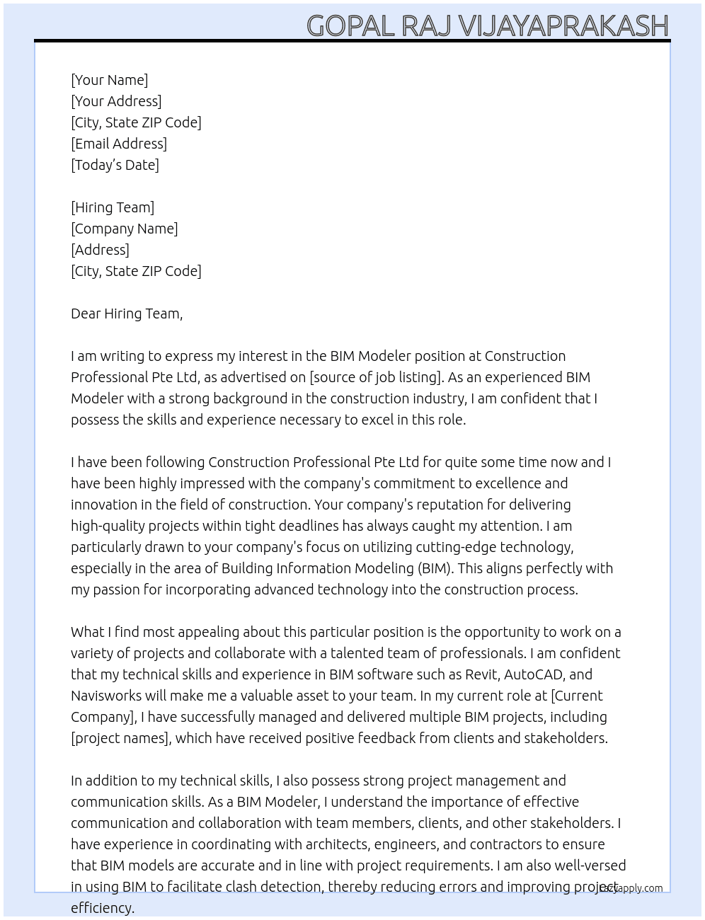 BIM MODELER At CONSRUCTION PROFESSIONAL PTE LTD Cover Letter