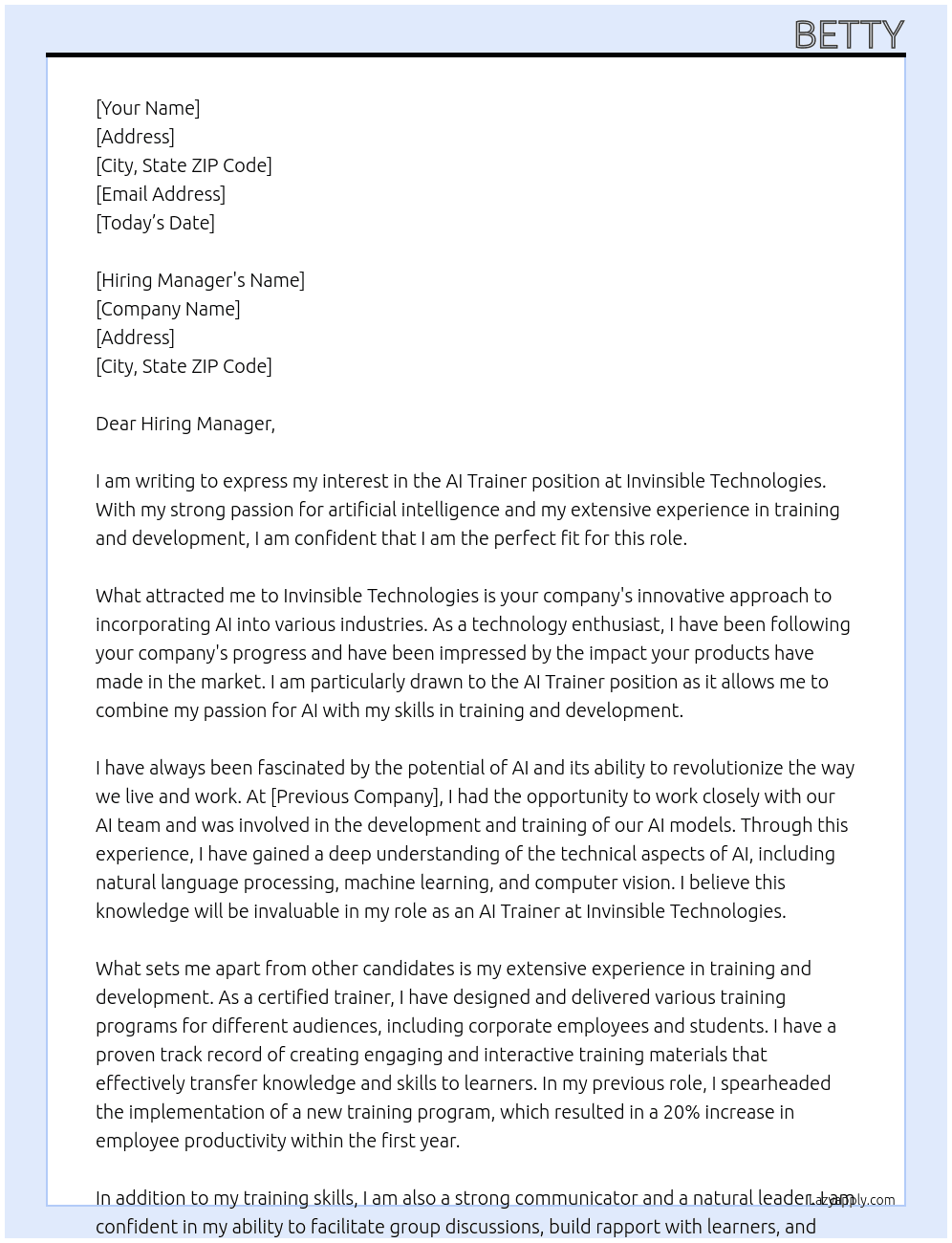 AI trainer At Invinsible Technologies Cover Letter