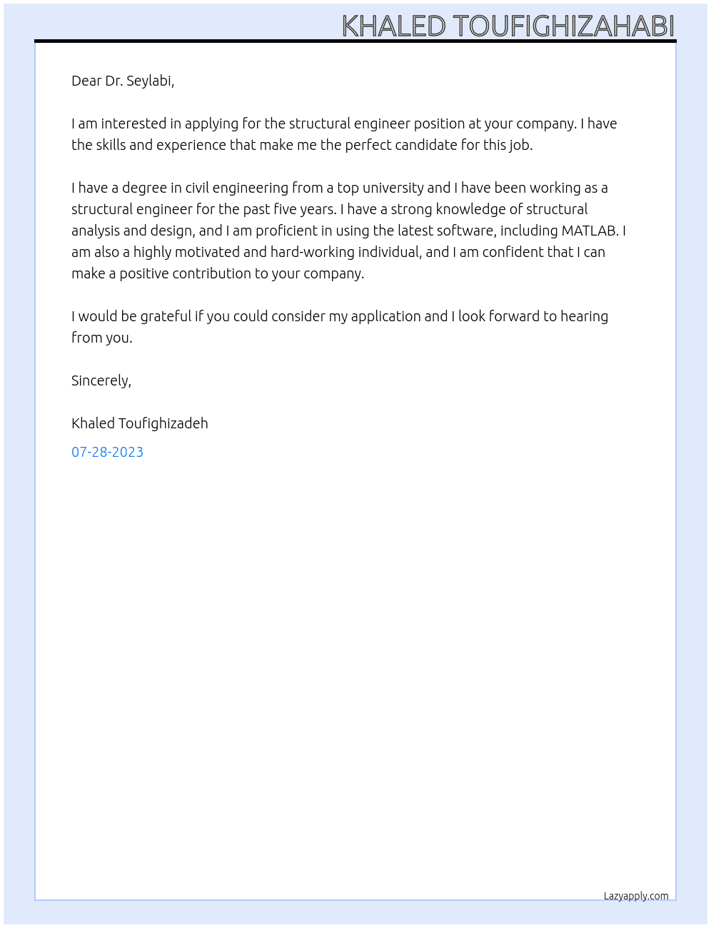 Structural engineer At PhD. position Cover Letter