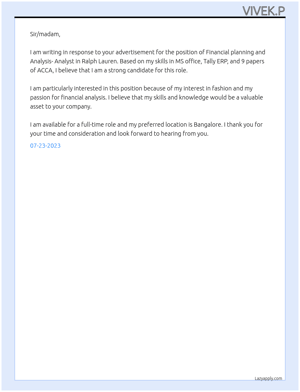 Financial planning and Analysis- Analyst  At Ralph Lauren Cover Letter