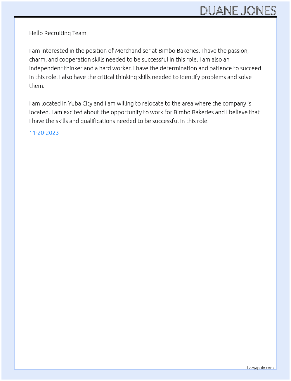Merchandiser At Bimbo Bakeries  Cover Letter