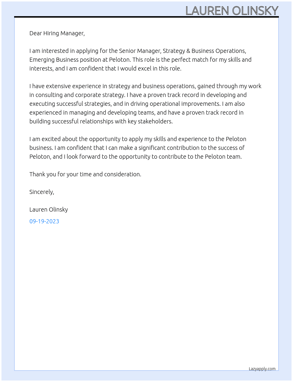 Senior Manager, Strategy & Business Operations, Emerging Business At Peloton Cover Letter