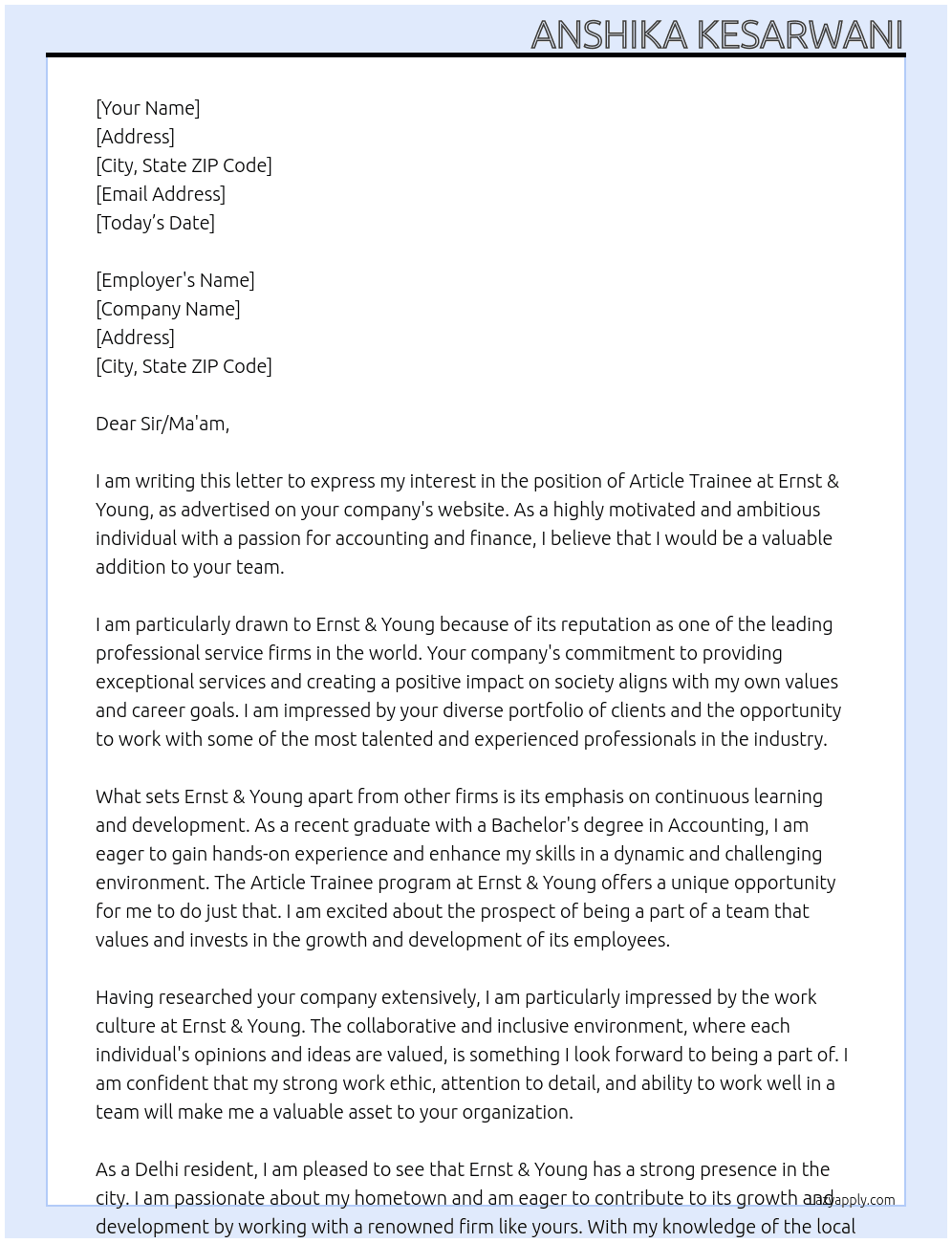 Article Trainee At Ernst & Young Cover Letter