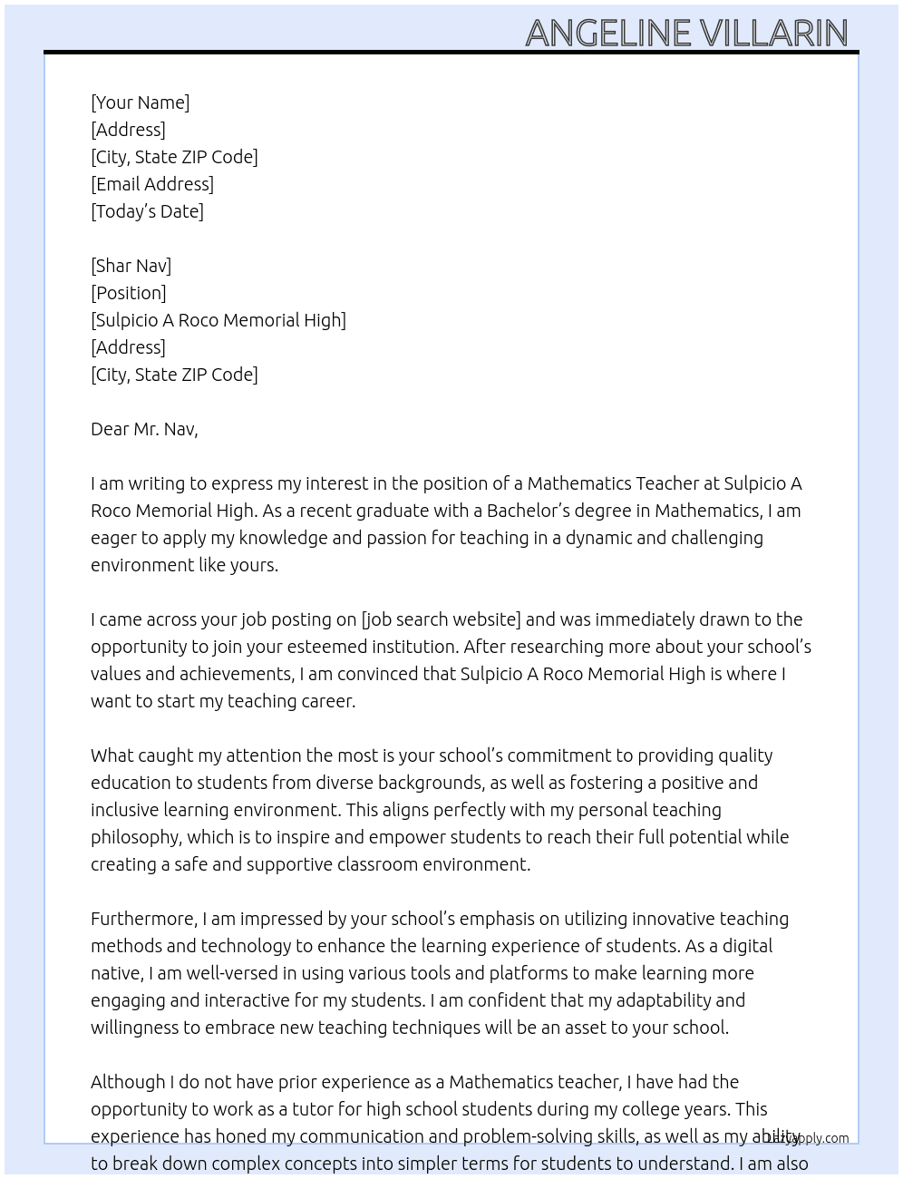 mathematics teacher  with no experience  At Sulpicio A Roco Memorial High  Cover Letter