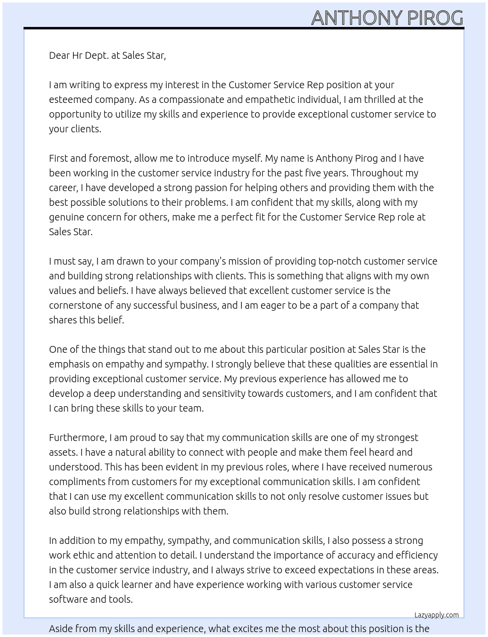Customer Service Rep. At Sales Star Cover Letter