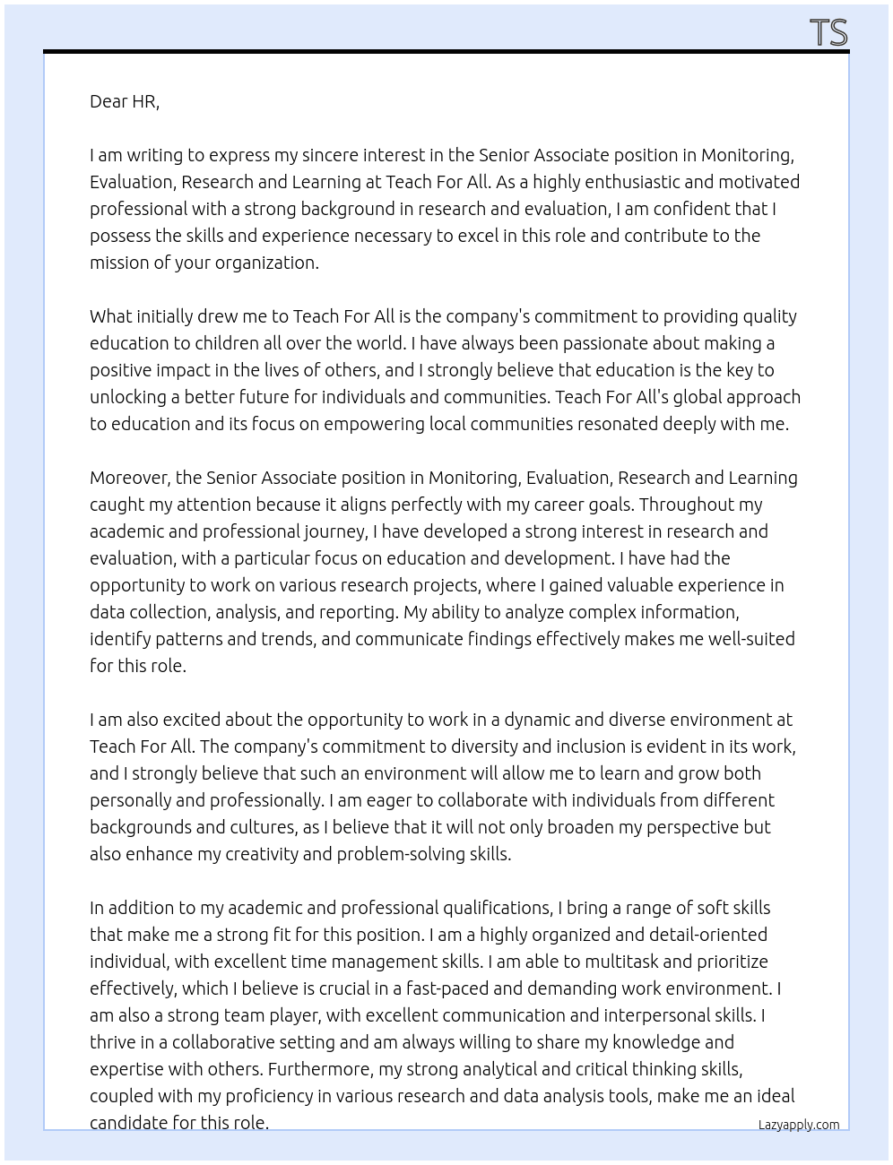 Senior Associate - Monitoring, Evaluation, Research and Learning At Teach For All  Cover Letter