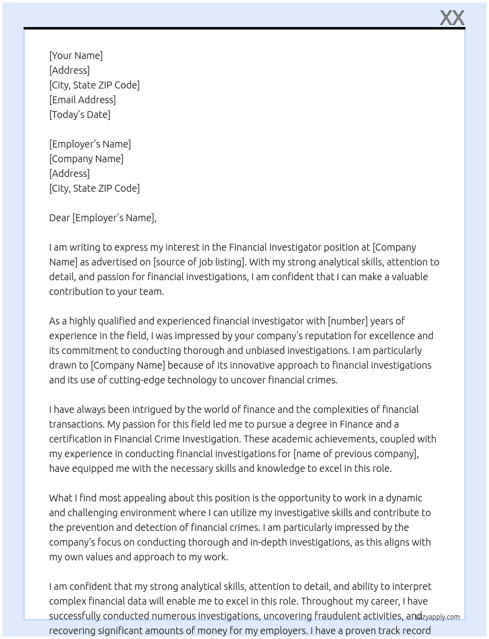 Cover letter for financial investigator - LazyApply