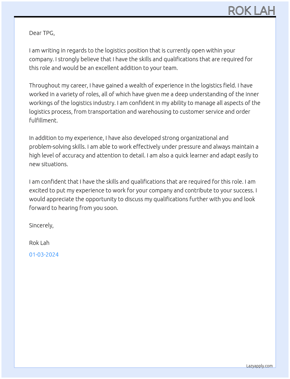 logistics At TPG express Cover Letter